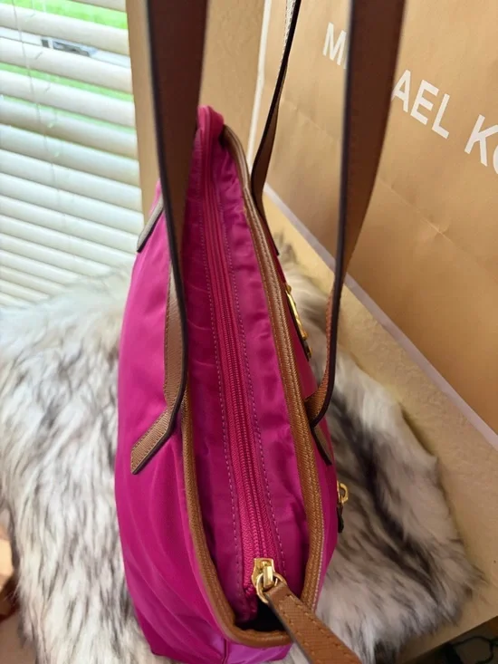 Michael Kors fuchsia is Nylon Tote with Brown Leather Trim - Picture 8 of 11